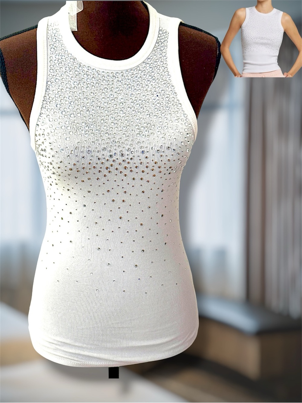 White Studded Ribbed Tank Top, Rhinestones, Crystals, Wife Beater, Sz Small